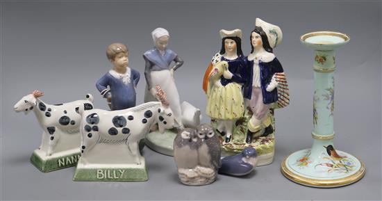 A Worcester candlestick, four pieces of Copenhagen, two Rye pottery goats and a Staffordshire figure